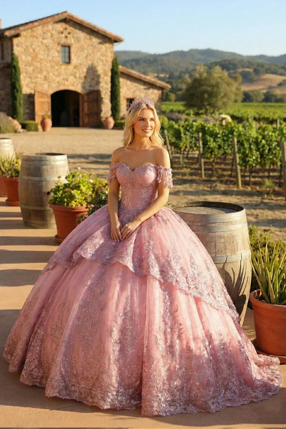 Jacinta Elegant Ball Gown Cold Shoulder Quinceañera Dress With Floral Appliqued and bow in Pink - product view