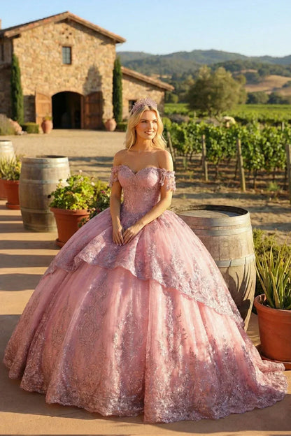Jacinta Elegant Ball Gown Cold Shoulder Quinceañera Dress With Floral Appliqued and bow in Pink - product view