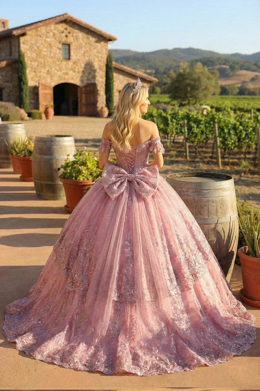 Jacinta Elegant Ball Gown Cold Shoulder Quinceañera Dress With Floral Appliqued and bow in Pink - product view