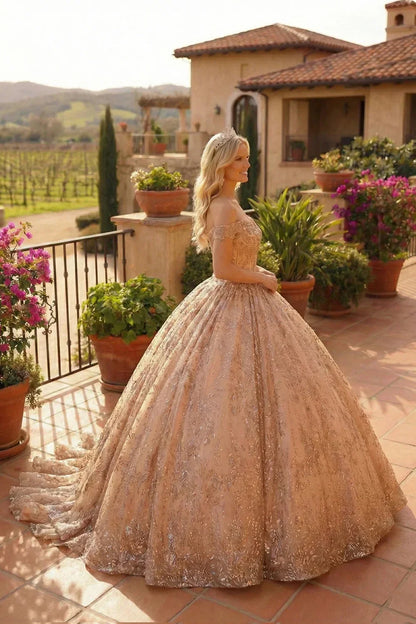 Elegant ball gown quinceanera dress with floral embroidery and cold shoulder design outdoors