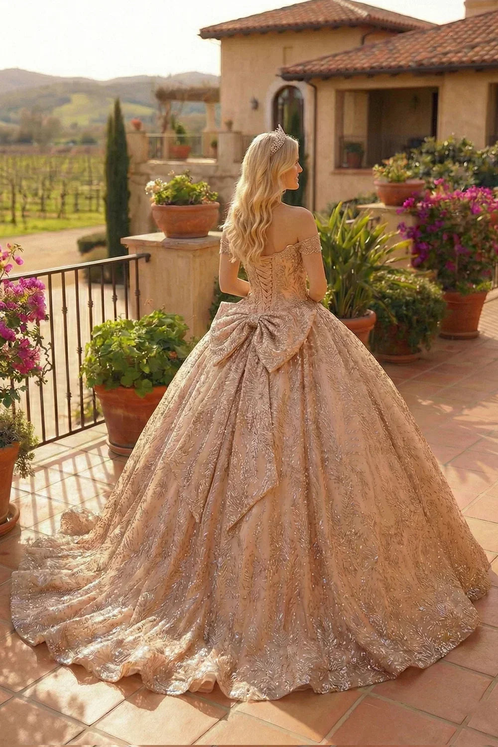 Victoria Elegant Ball Gown Cold Shoulder Quinceañera Dress With Floral Embroidery in Champagne - product view