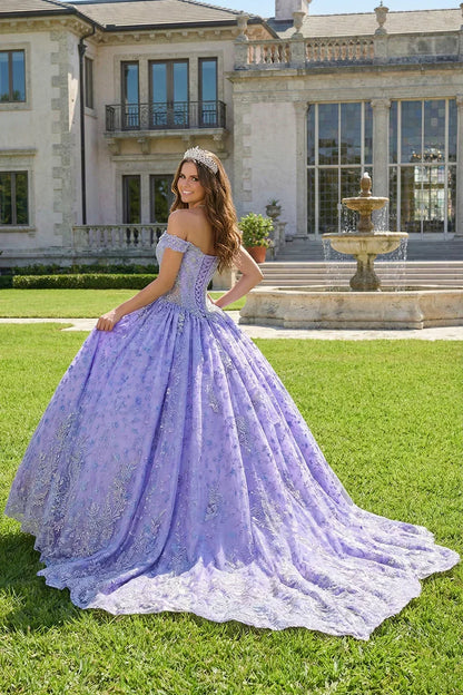 Alessandra Elegant Ball Gown Cold Shoulder Quinceañera Dress With Floral Embroidery in Purple - product view