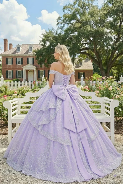 Azucena Layered Ruffled Ball Gown Cold Shoulder Quinceañera Dress With Embroidery in Purple - product view