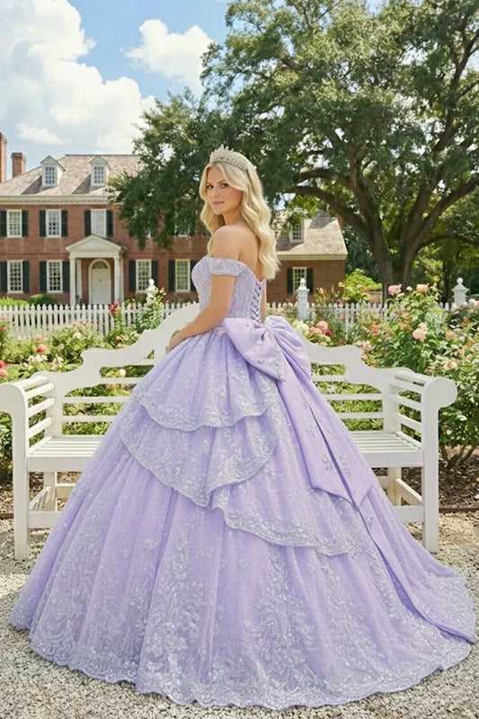 Azucena Layered Ruffled Ball Gown Cold Shoulder Quinceañera Dress With Embroidery in Purple - product view