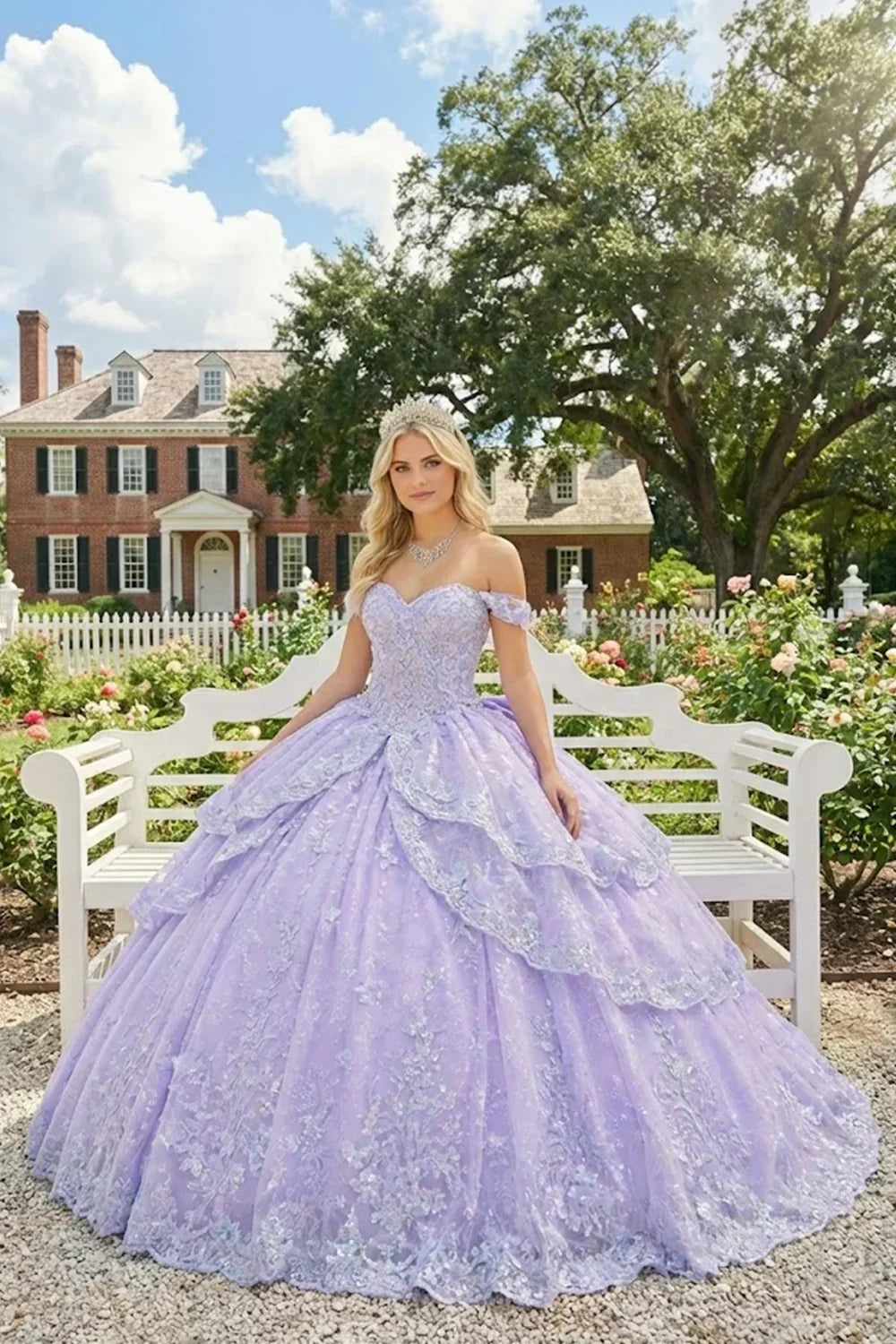 Azucena Layered Ruffled Ball Gown Cold Shoulder Quinceañera Dress With Embroidery in Purple - product view