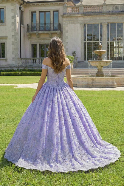 Alessandra Elegant Ball Gown Cold Shoulder Quinceañera Dress With Floral Embroidery in Purple - product view