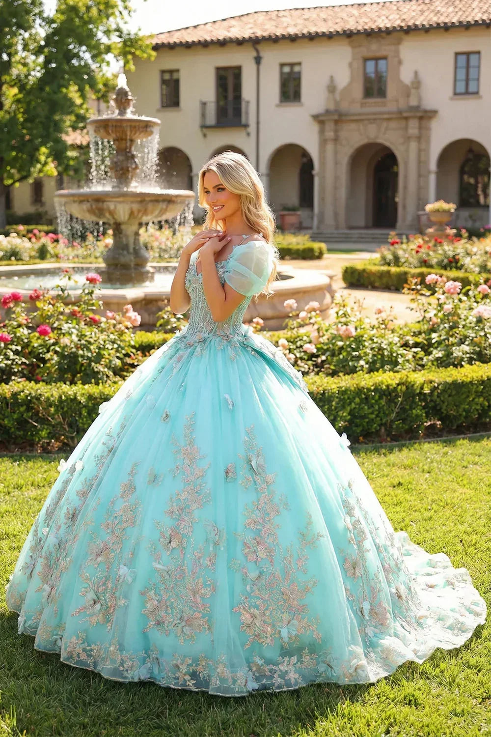 Renata Elegant Ball Gown Cold Shoulder Quinceañera Dress With Floral Embroidery and 3D Butterfly in Turquoise, side view