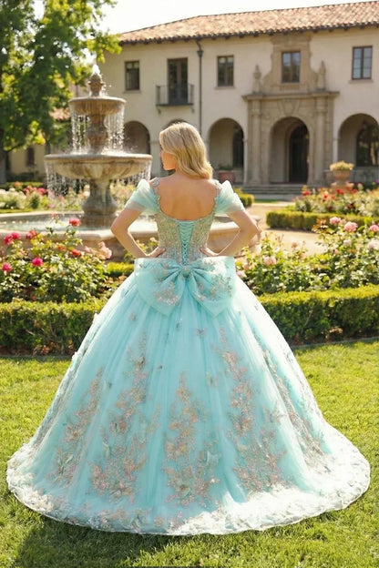 Renata Elegant Ball Gown Cold Shoulder Quinceañera Dress With Floral Embroidery and 3D Butterfly in Turquoise, back view
