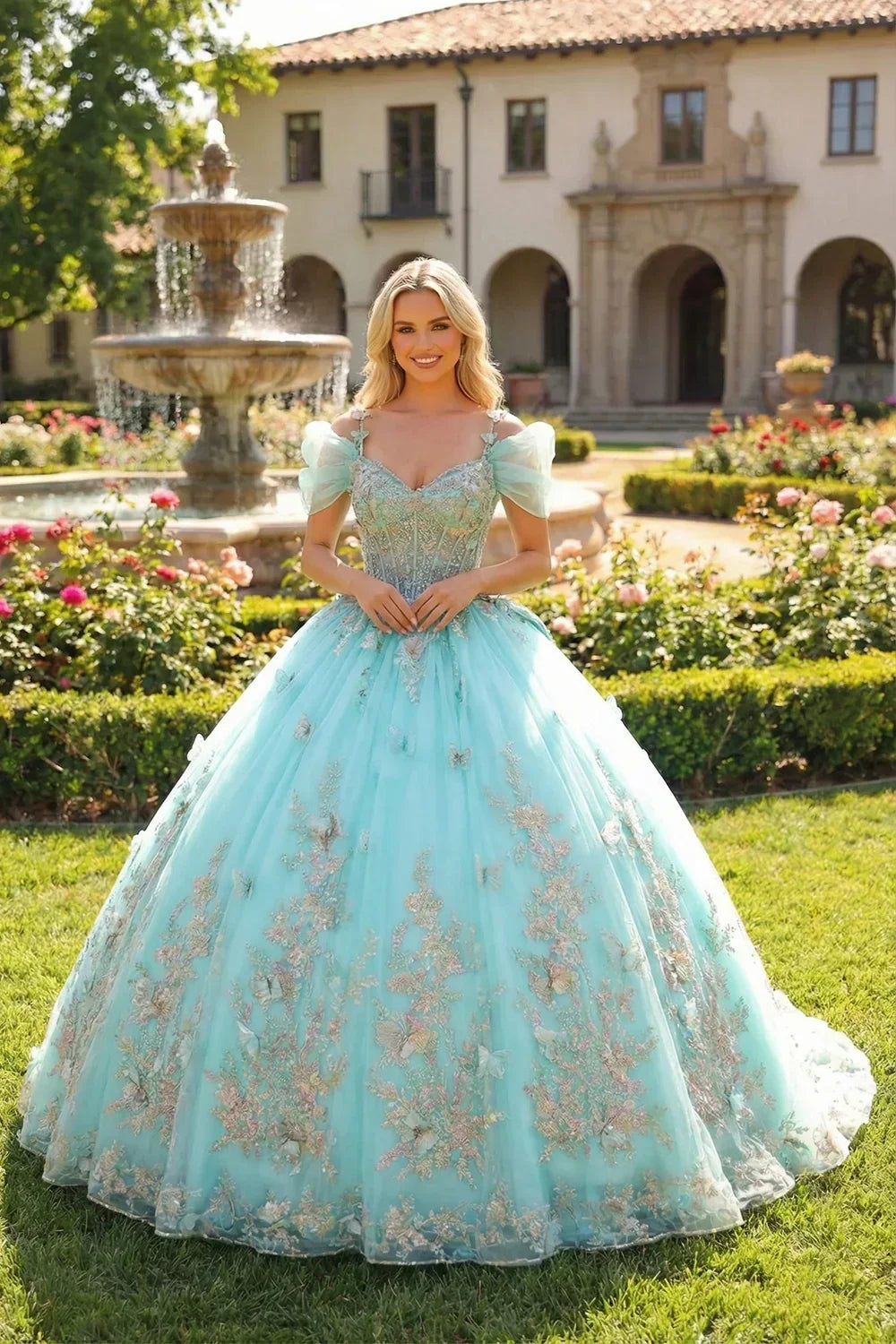 Renata Elegant Ball Gown Cold Shoulder Quinceañera Dress With Floral Embroidery and 3D Butterfly in Turquoise, front view