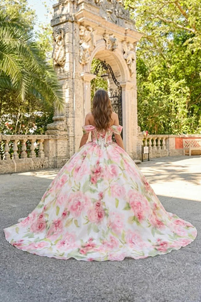 Mirabella Elegant Ball Gown Cold Shoulder Quinceañera Dress With Floral Pattern in Pink - product view