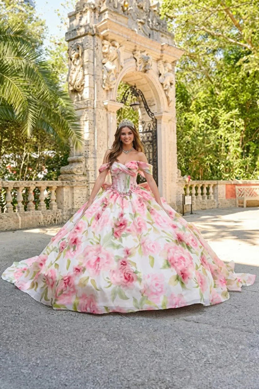 Mirabella Elegant Ball Gown Cold Shoulder Quinceañera Dress With Floral Pattern in Pink - product view