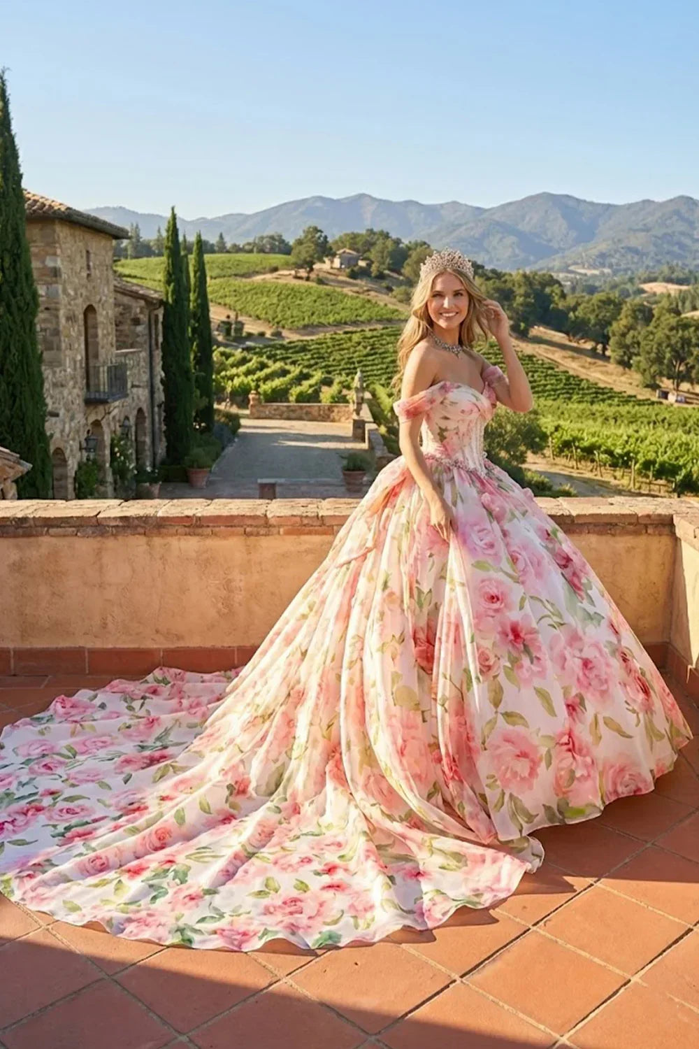 Mirabella Elegant Ball Gown Cold Shoulder Quinceañera Dress With Floral Pattern in Pink - product view