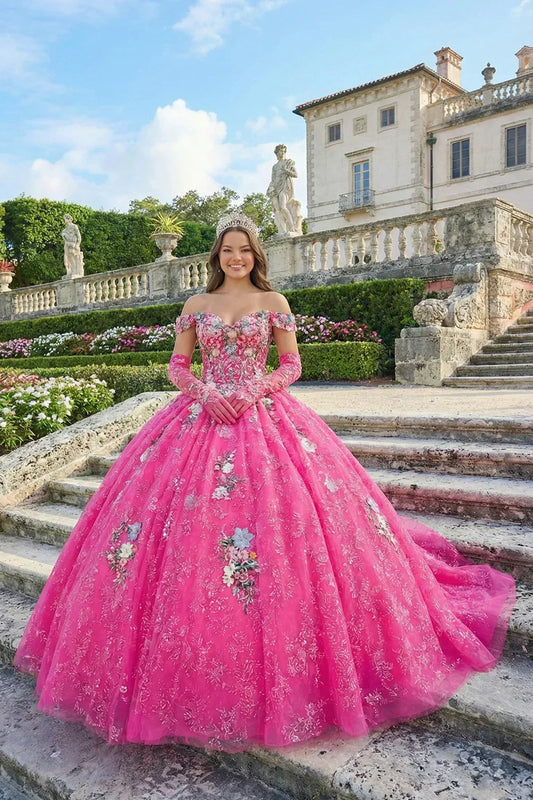 Rosabella Elegant Ball Gown Cold Shoulder Quinceañera Dress With Sheer Sleeves in Pink - product view