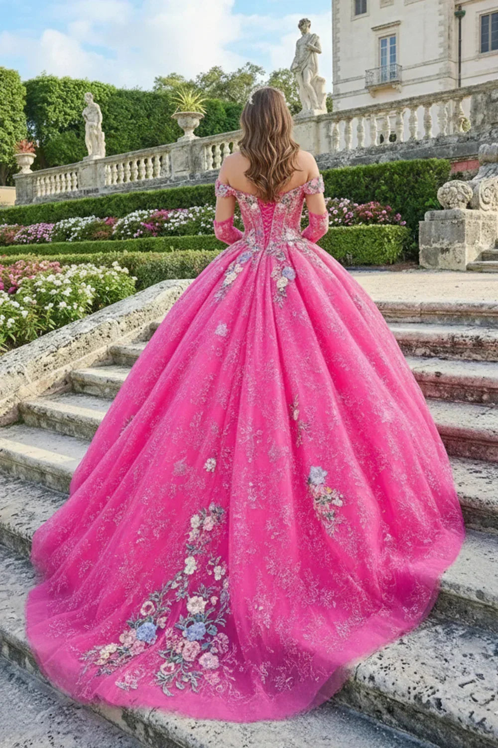 Rosabella Elegant Ball Gown Cold Shoulder Quinceañera Dress With Sheer Sleeves in Pink - product view