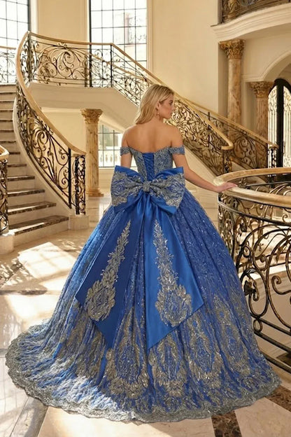 Anastasia Elegant Ball Gown Off-the-shoulder Quinceañera Dress With Floral Lace in Blue - product view