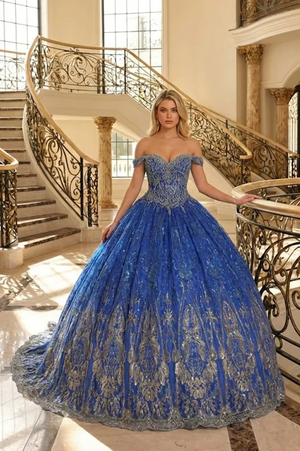 Anastasia Elegant Ball Gown Off-the-shoulder Quinceañera Dress With Floral Lace in Blue - product view