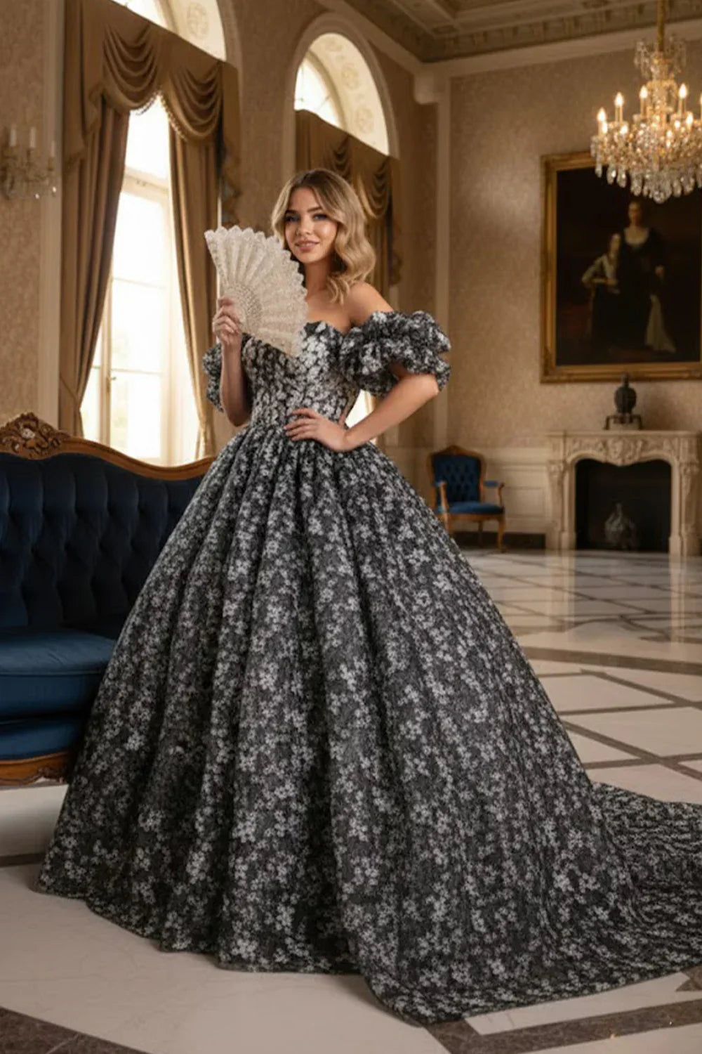 Woman in elegant off-the-shoulder floral ball gown holding lace fan in grand room