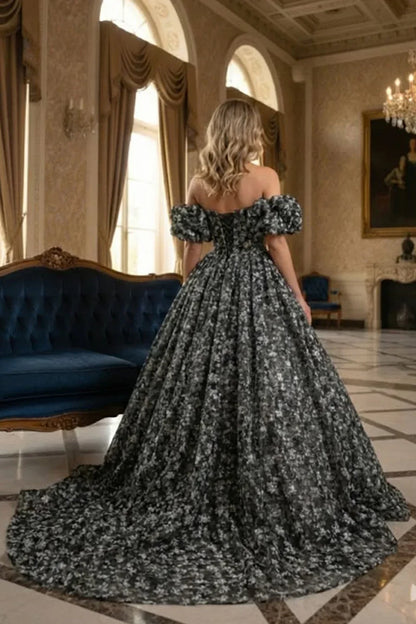 Primavera Elegant Ball Gown Off-the-shoulder Quinceañera Dress With Floral Pattern in Black - product view