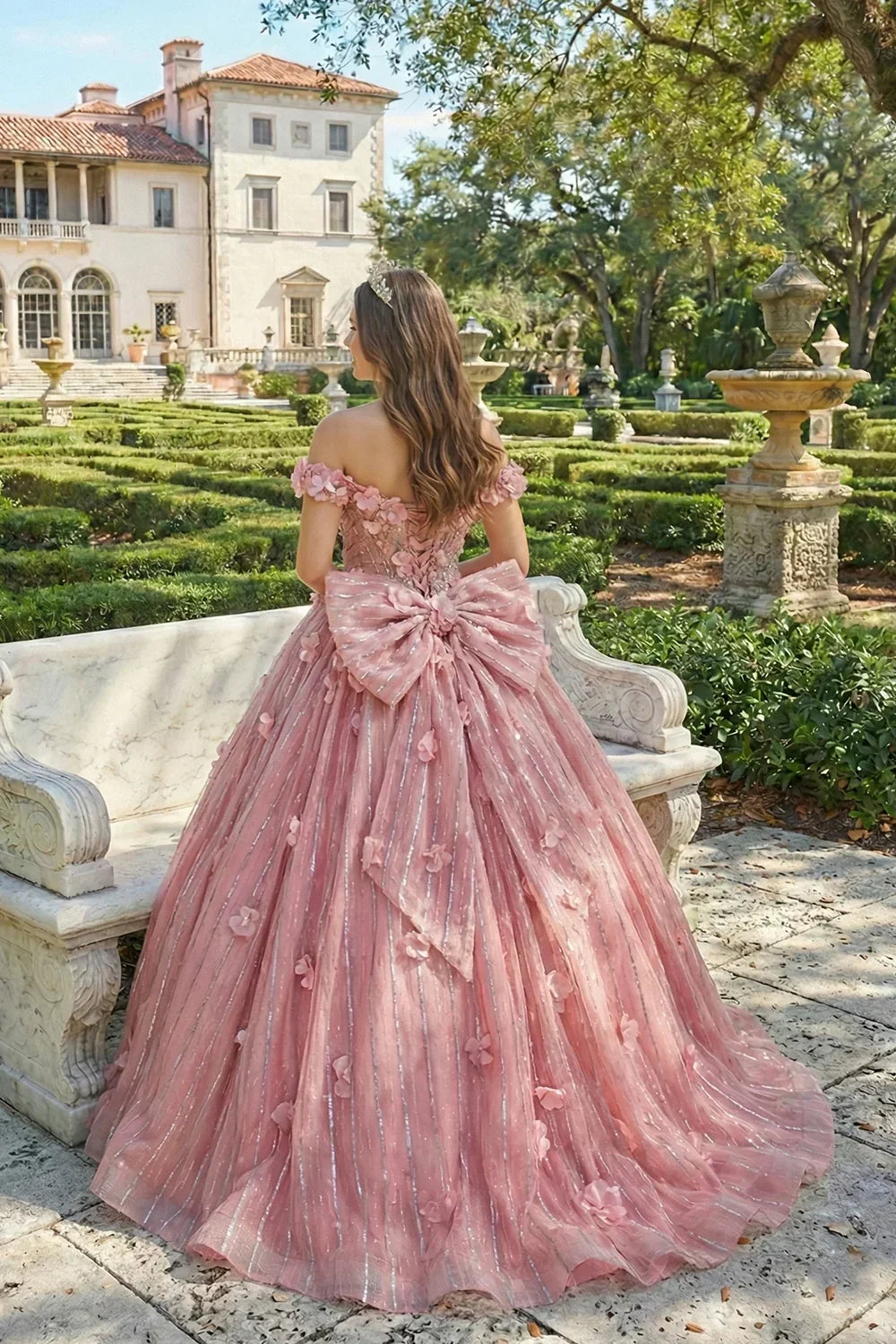 Alondra Elegant Ball Gown Off-the-shoulder Quinceañera Dress With Lace & 3D Floral in Pink - product view