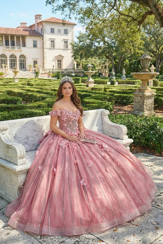 Alondra Elegant Ball Gown Off-the-shoulder Quinceañera Dress With Lace & 3D Floral in Pink - product view