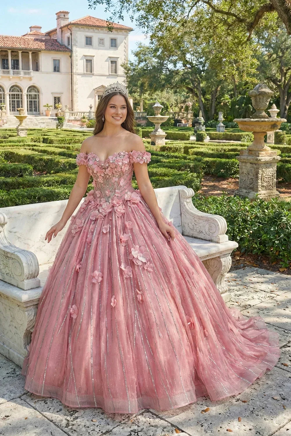 Alondra Elegant Ball Gown Off-the-shoulder Quinceañera Dress With Lace & 3D Floral in Pink - product view