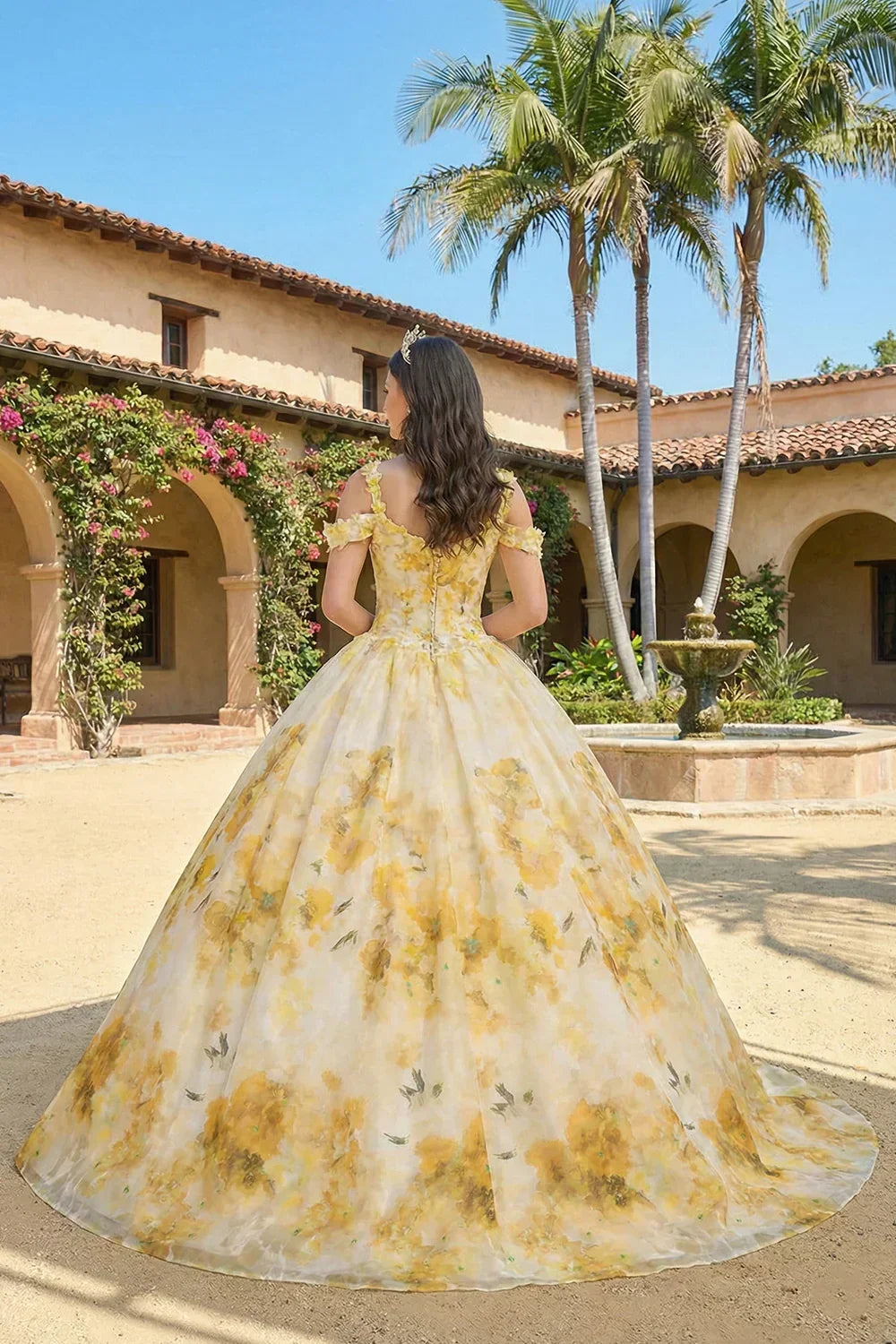 Celestia Elegant Ball Gown Spaghetti Strap Quinceañera Dress With Floral Pattern and Lace in Yellow - product view