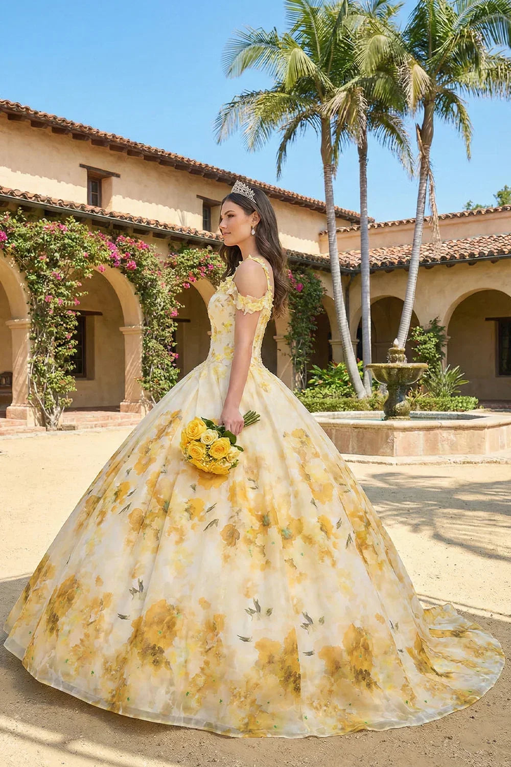 Celestia Elegant Ball Gown Spaghetti Strap Quinceañera Dress With Floral Pattern and Lace in Yellow - product view