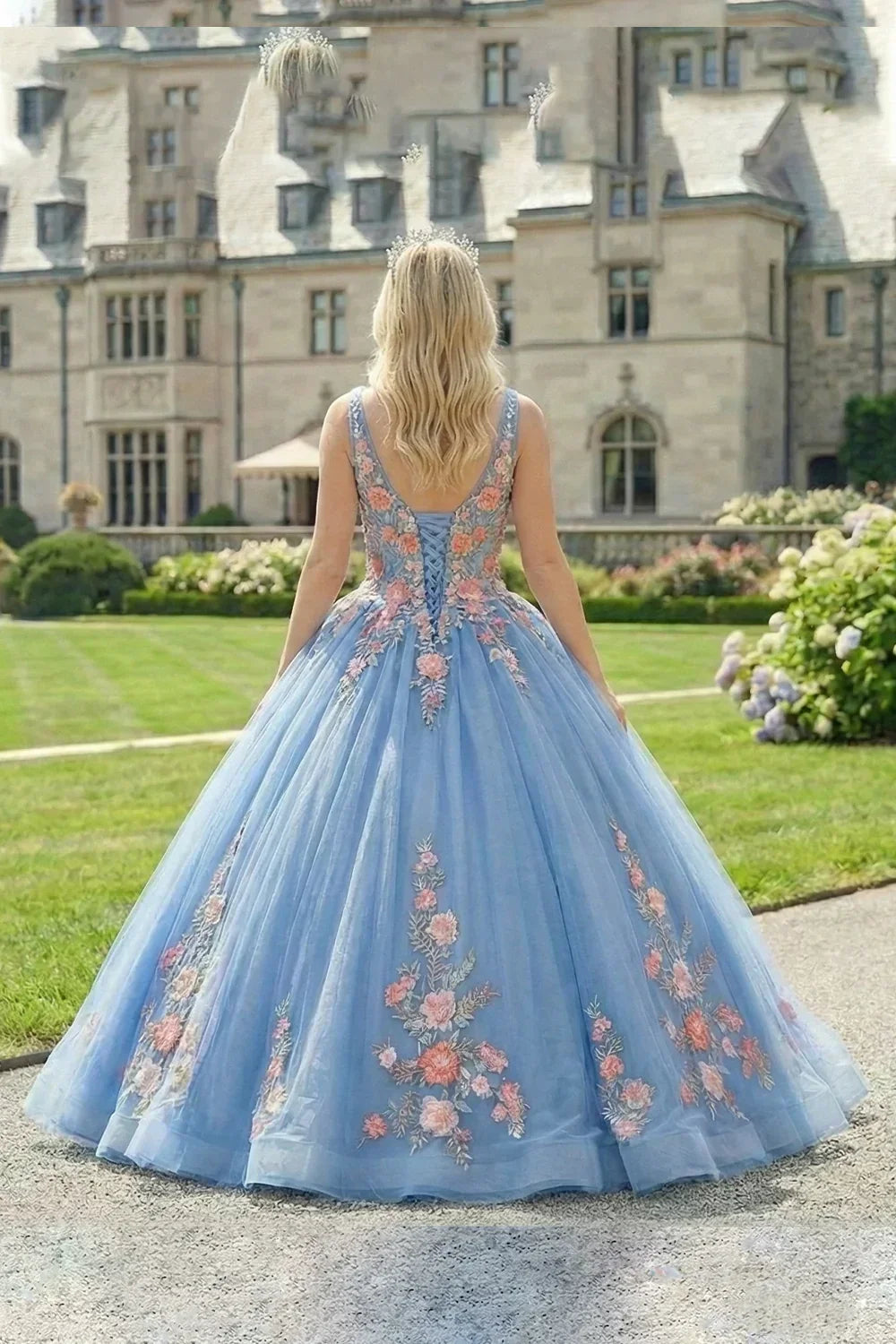 Maravilla Elegant Ball Gown Spaghetti Strap Quinceañera Dress With Lace & 3D Floral in Blue - product view