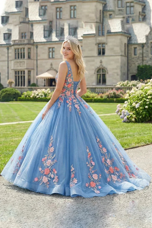 Maravilla Elegant Ball Gown Spaghetti Strap Quinceañera Dress With Lace & 3D Floral in Blue - product view