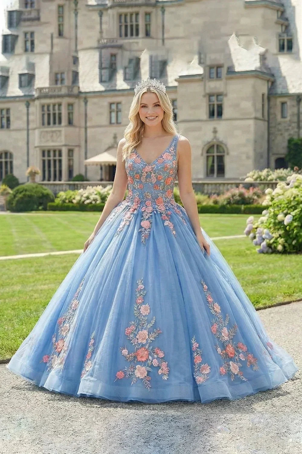 Maravilla Elegant Ball Gown Spaghetti Strap Quinceañera Dress With Lace & 3D Floral in Blue - product view