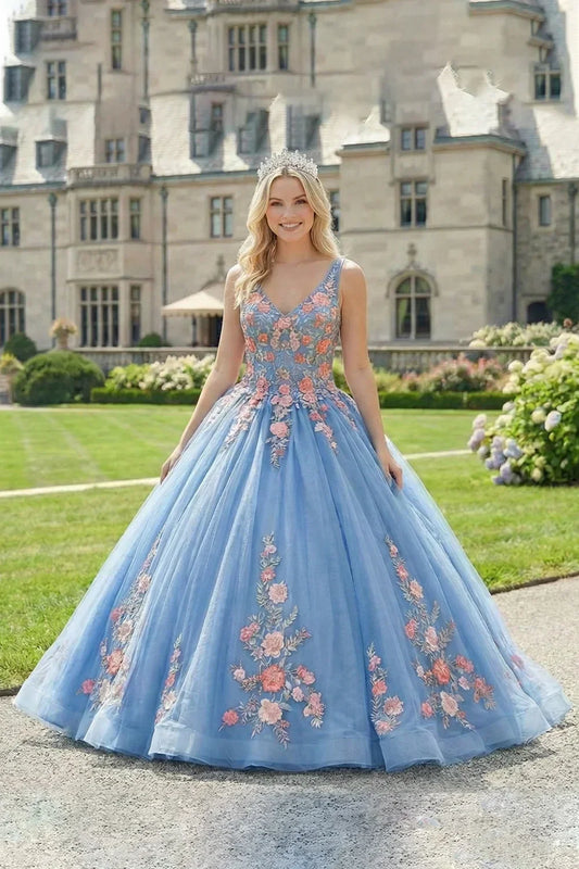 Maravilla Elegant Ball Gown Spaghetti Strap Quinceañera Dress With Lace & 3D Floral in Blue - product view