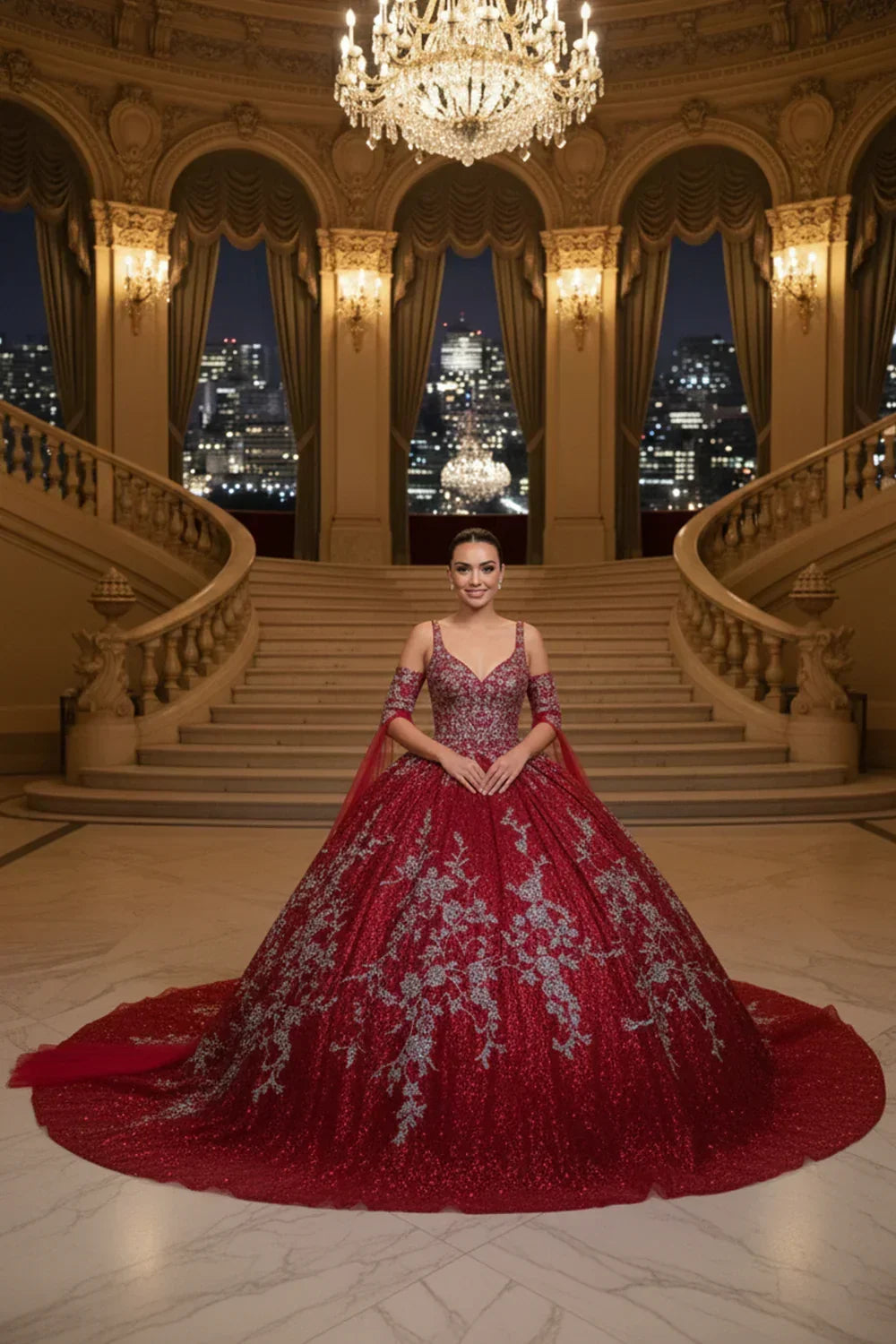 Woman in a red off-the-shoulder embroidered A-line ball gown on a grand staircase
