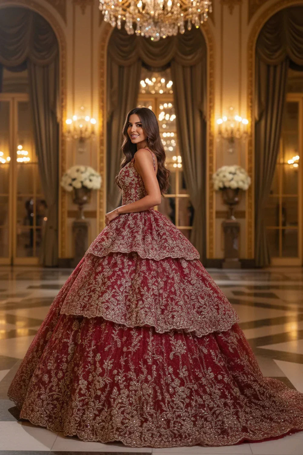 Alejandra Exquisite Ball Gown V Neck Layered Tulle Long Quinceañera Dress With Appliqued in Red - product view