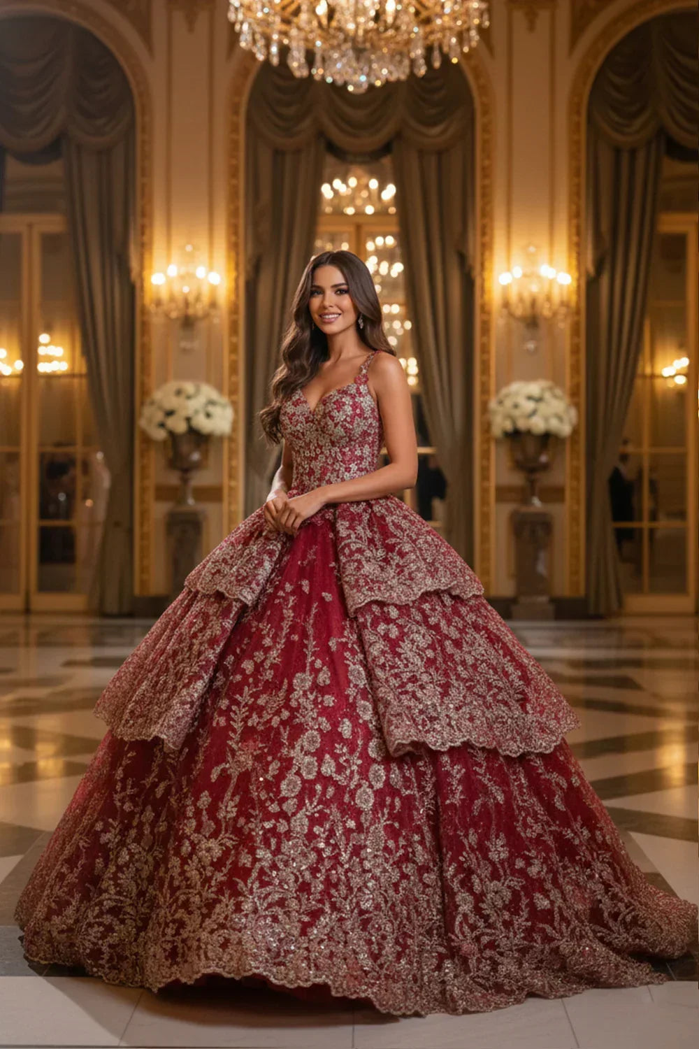 Alejandra Exquisite Ball Gown V Neck Layered Tulle Long Quinceañera Dress With Appliqued in Red - product view