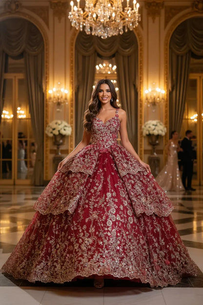 Alejandra Exquisite Ball Gown V Neck Layered Tulle Long Quinceañera Dress With Appliqued in Red - product view