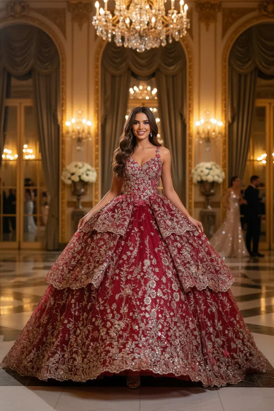 Alejandra Exquisite Ball Gown V Neck Layered Tulle Long Quinceañera Dress With Appliqued in Red - product view