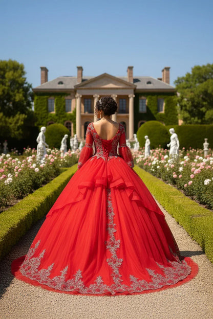 Valeria Exquisite Ball Gown V Neck Ruffled Tulle Long Quinceañera Dress With Beading in Red - product view