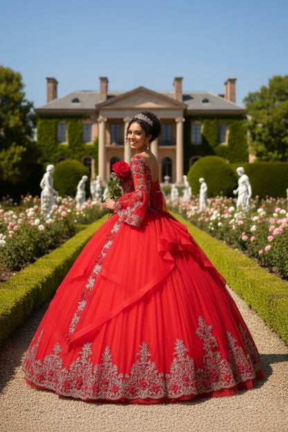 Valeria Exquisite Ball Gown V Neck Ruffled Tulle Long Quinceañera Dress With Beading in Red - product view
