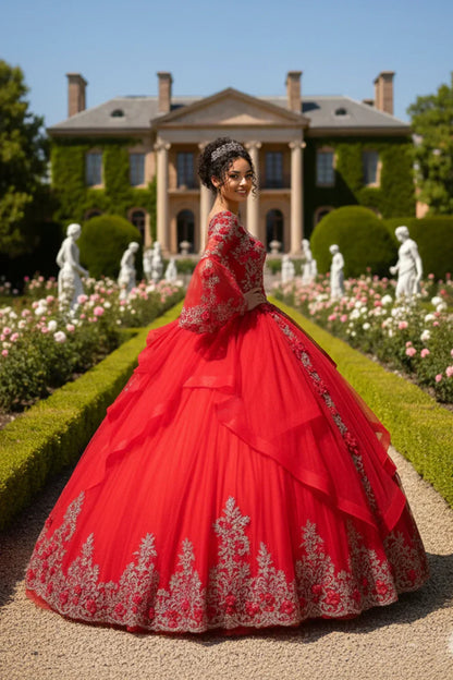 Valeria Exquisite Ball Gown V Neck Ruffled Tulle Long Quinceañera Dress With Beading in Red - product view