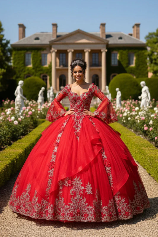 Valeria Exquisite Ball Gown V Neck Ruffled Tulle Long Quinceañera Dress With Beading in Red - product view
