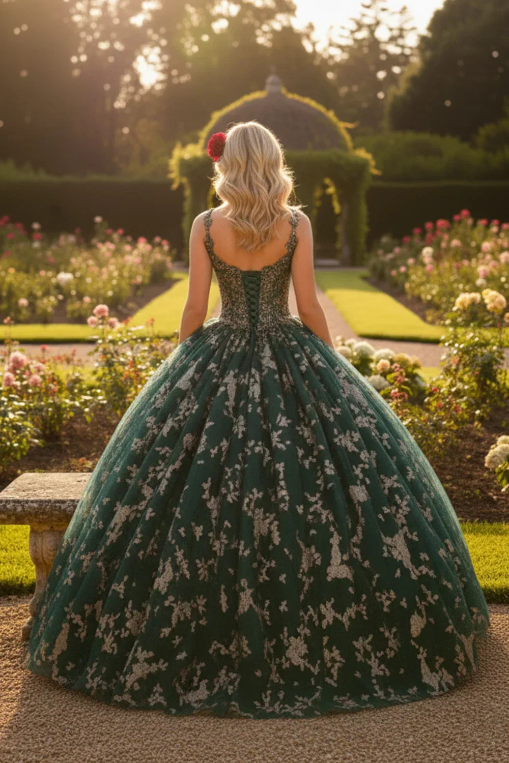 Esmeralda Exquisite Ball Gown V Neck Tulle Long Quinceañera Dress With Appliqued in Green - product view