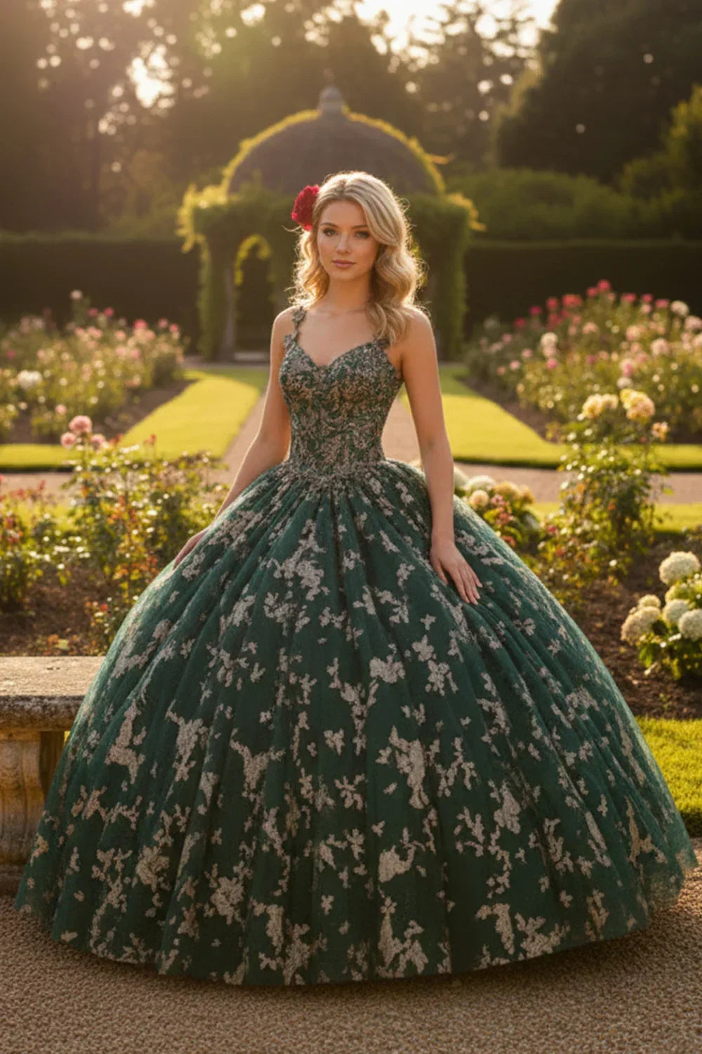 Esmeralda Exquisite Ball Gown V Neck Tulle Long Quinceañera Dress With Appliqued in Green - product view