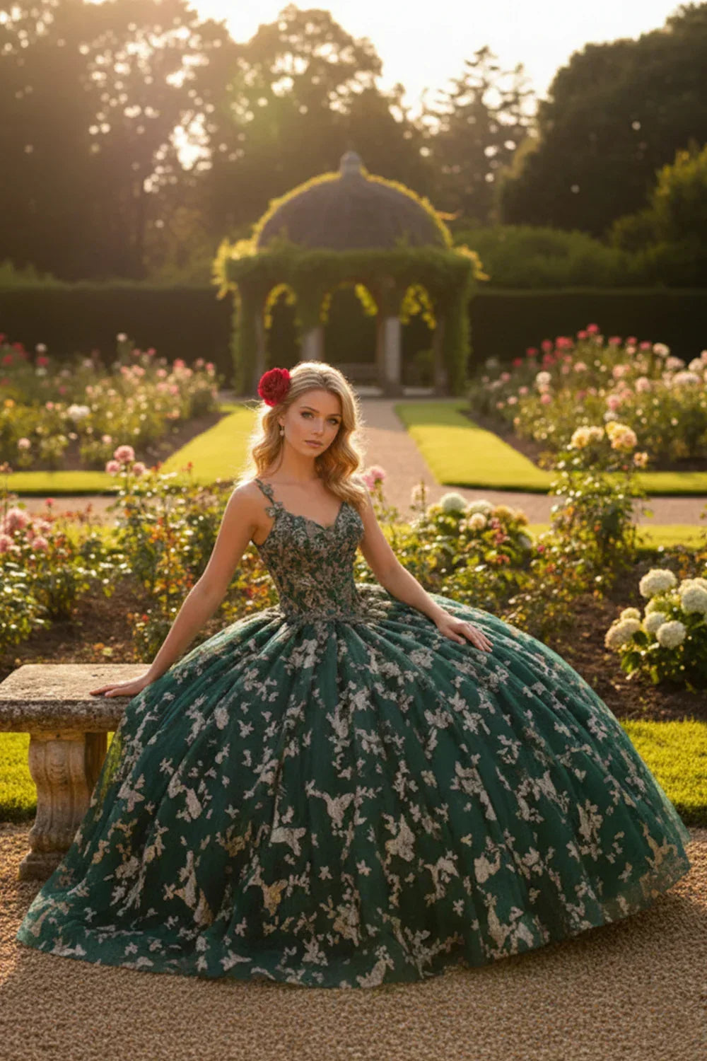 Esmeralda Exquisite Ball Gown V Neck Tulle Long Quinceañera Dress With Appliqued in Green - product view