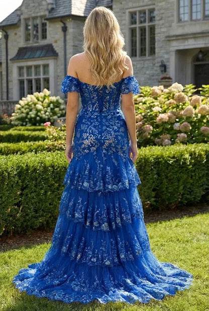 Floral Sequin Corset Off the Shoulder Sheath Prom Dress | Promspark