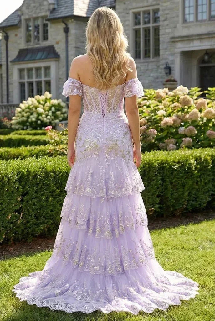Floral Sequin Corset Off the Shoulder Sheath Prom Dress | Promspark