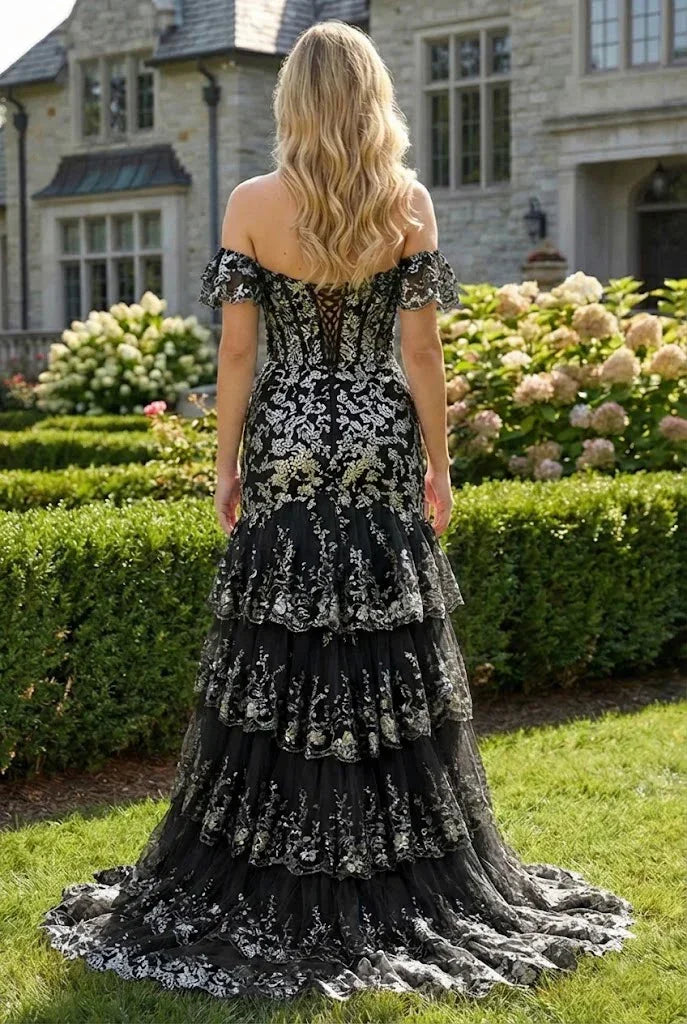 Floral Sequin Corset Off the Shoulder Sheath Prom Dress | Promspark