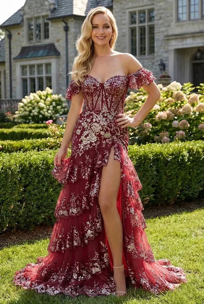 Floral Sequin Corset Off the Shoulder Sheath Prom Dress | Promspark