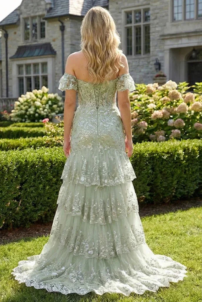Floral Sequin Corset Off the Shoulder Sheath Prom Dress | Promspark