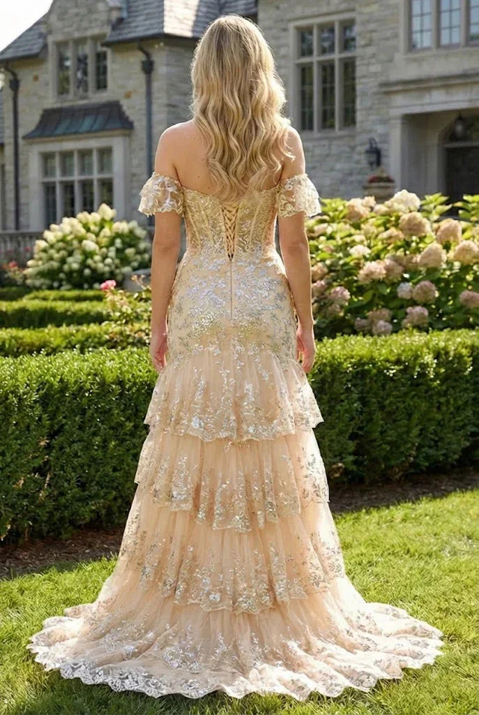 Floral Sequin Corset Off the Shoulder Sheath Prom Dress | Promspark