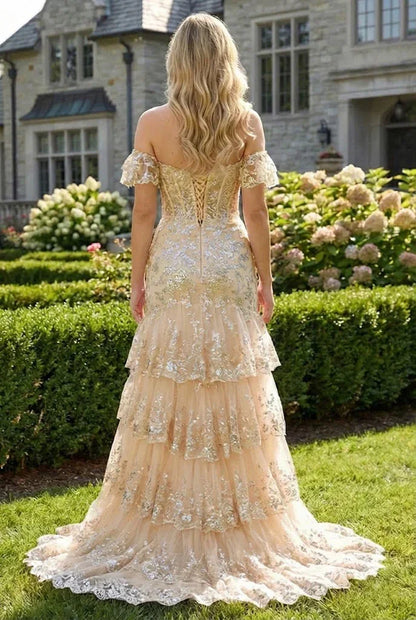 Floral Sequin Corset Off the Shoulder Sheath Prom Dress | Promspark